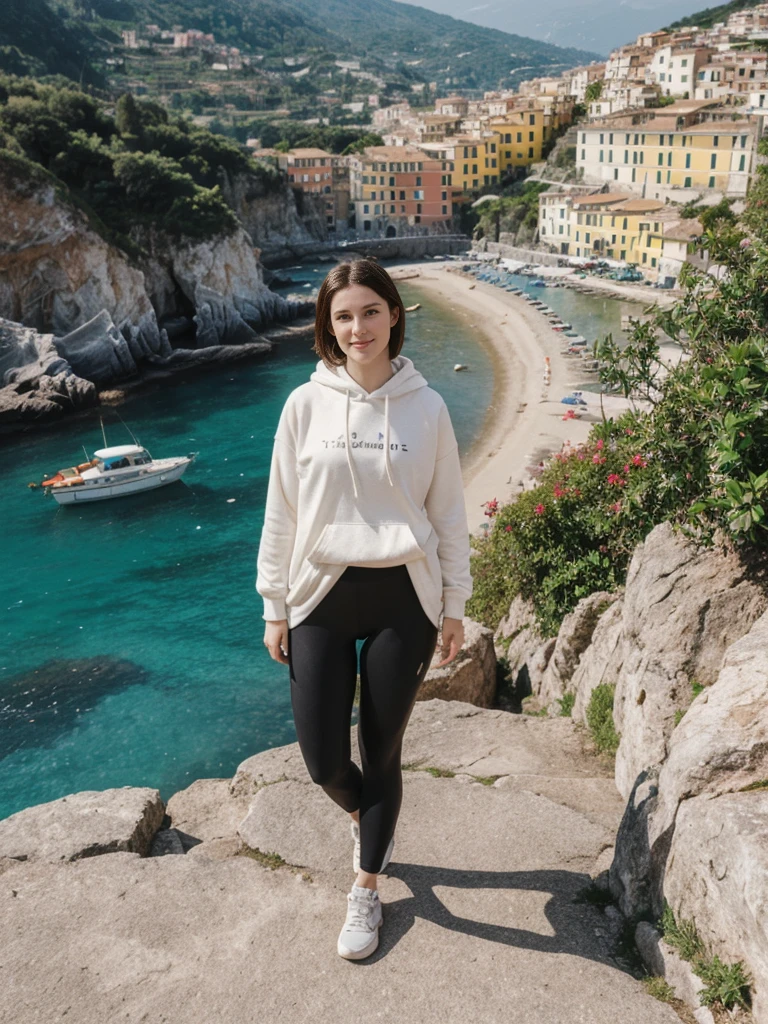 her name is Elle, high quality, 1girl, ((20-year-old fit Caucasian woman)), ((20 years old)), ((fit)), ((pale skin)), short length straight dark hair , wearing Graphic Cropped Hoodie + High-Waisted Vinyl Leggings, pose: standing, background: Detail the romantic ambiance of the Cinque Terre in Italy, with its colorful cliffside villages, terraced vineyards, and scenic coastal hiking trails.