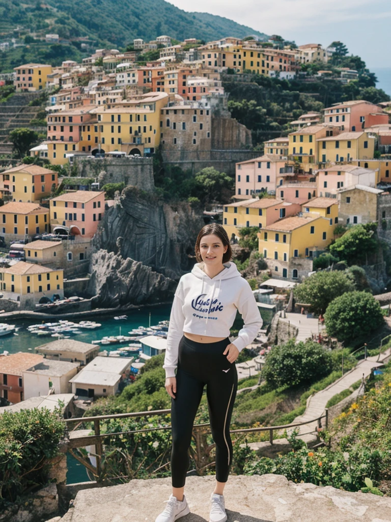 her name is Elle, high quality, 1girl, ((20-year-old fit Caucasian woman)), ((20 years old)), ((fit)), ((pale skin)), short length straight dark hair , wearing Graphic Cropped Hoodie + High-Waisted Vinyl Leggings, pose: standing, background: Detail the romantic ambiance of the Cinque Terre in Italy, with its colorful cliffside villages, terraced vineyards, and scenic coastal hiking trails.