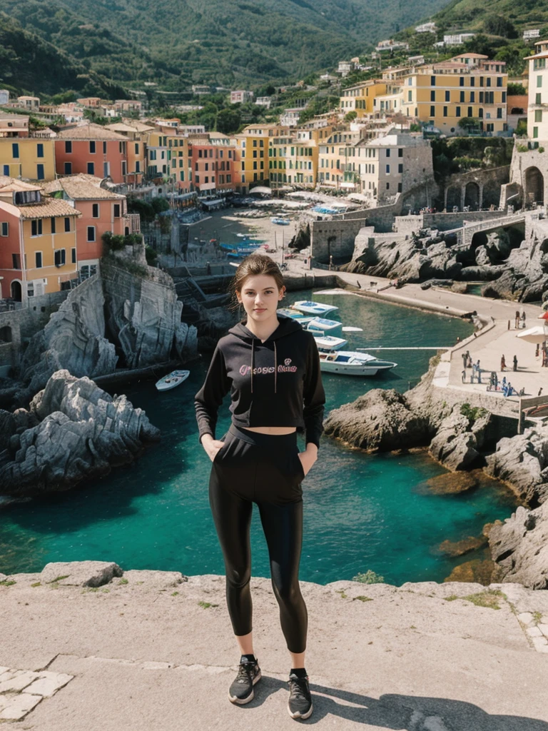 her name is Elle, high quality, 1girl, ((20-year-old fit Caucasian woman)), ((20 years old)), ((fit)), ((pale skin)), short length straight dark hair , wearing Graphic Cropped Hoodie + High-Waisted Vinyl Leggings, pose: standing, background: Detail the romantic ambiance of the Cinque Terre in Italy, with its colorful cliffside villages, terraced vineyards, and scenic coastal hiking trails.