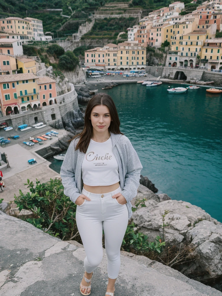 her name is Elle, high quality, 1girl, ((20-year-old fit Caucasian woman)), ((20 years old)), ((fit)), ((pale skin)), short length straight dark hair , wearing Graphic Cropped Hoodie + High-Waisted Vinyl Leggings, pose: standing, background: Detail the romantic ambiance of the Cinque Terre in Italy, with its colorful cliffside villages, terraced vineyards, and scenic coastal hiking trails.