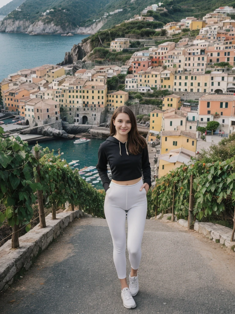 her name is Elle, high quality, 1girl, ((20-year-old fit Caucasian woman)), ((20 years old)), ((fit)), ((pale skin)), short length straight dark hair , wearing Graphic Cropped Hoodie + High-Waisted Vinyl Leggings, pose: standing, background: Detail the romantic ambiance of the Cinque Terre in Italy, with its colorful cliffside villages, terraced vineyards, and scenic coastal hiking trails.