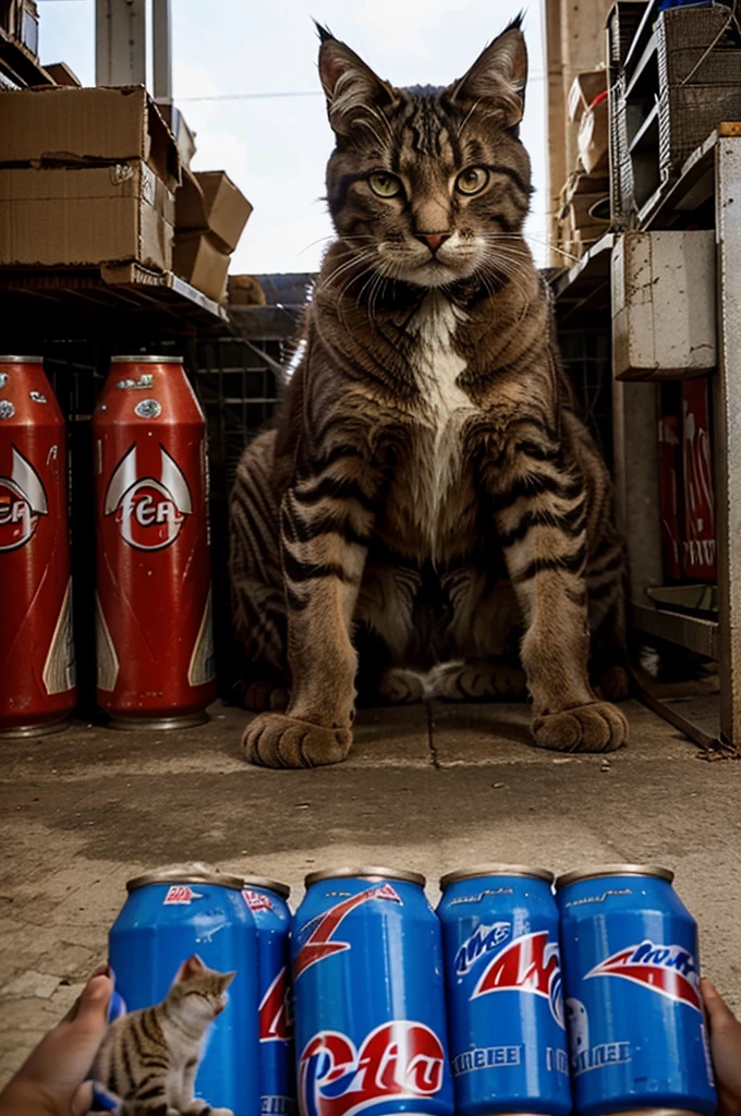 A huge cat with kittens growling and looking angry at humans for their Pepsi-Cola's cans that they considers their property and they won't share with anyone.