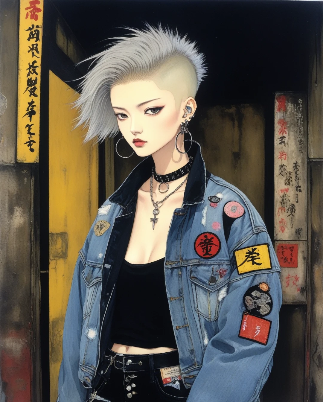 amano yoshitaka, (masterpiece:1.2, best quality), (1lady, solo, upper body:1.2), Hair: buzz cut, Clothing: oversized, distressed denim jacket with patches and pins, paired with black skinny jeans and combat boots, Accessories: silver hoop earrings and a black choker necklace, Hanging out in an underground music venue or street art exhibit