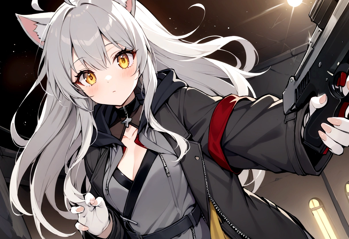 Gray cat ears、Gray cat earasterpiece, best quality:1.2), 1girl, 独奏、Grey long hair、Ahoge、Yellow Eyes、Background of a military base with guns、Fisheye Lens、battlefield、Shadows of light and darkness、Expressionless、battle、Gray trench coat、Put a black hoodie over your arm、Surrounded by enemies、Zip hoodie worn over the arm