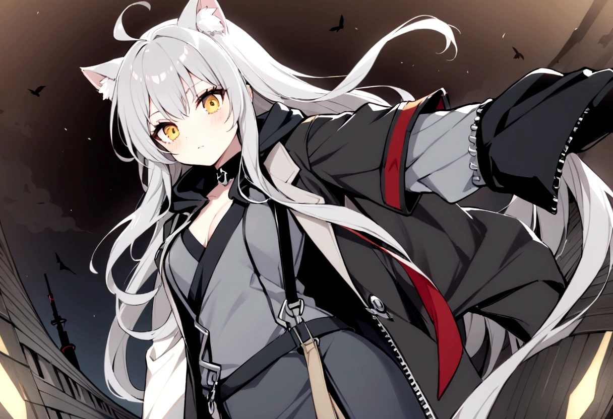 Gray cat ears、Gray cat earasterpiece, best quality:1.2), 1girl, 独奏、Grey long hair、Ahoge、Yellow Eyes、Background of a military base with guns、Fisheye Lens、battlefield、Shadows of light and darkness、Expressionless、battle、Gray trench coat、Put a black hoodie over your arm、Surrounded by enemies、Zip hoodie worn over the arm