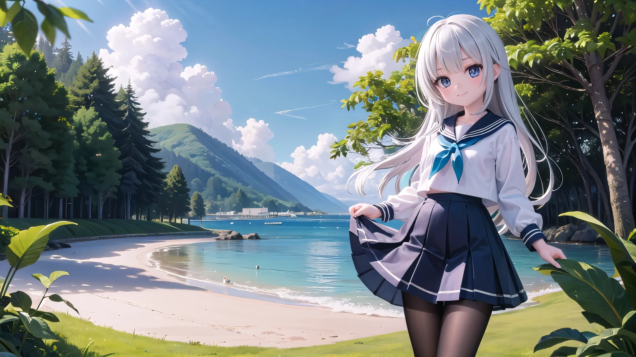 (masterpiece), town, blue sky, One Girl, Place the person on the right, smile, alone, Sailor suit、Long skirt, Overgrown, petal, plant、Skirt lining、Translucent slip、nostalgic、Black Pantyhose、I can see the ocean in the distance, Crotch close-up