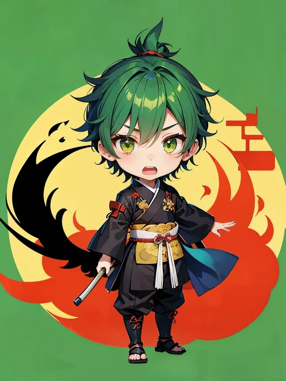 1boy,samurai,chibi,upright,green background,open mouth