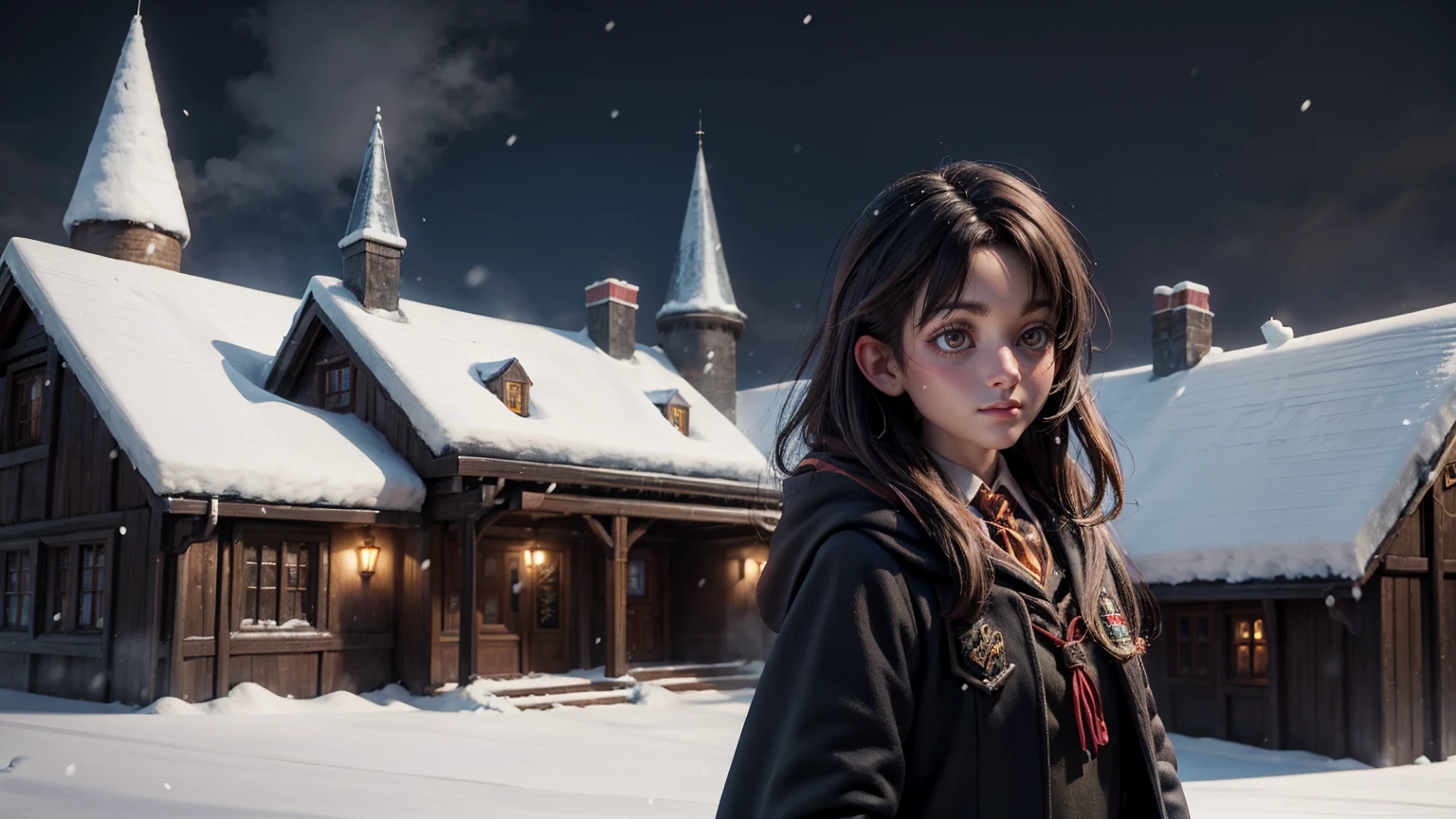 snow weather, front view of harry potter school, harry potter school