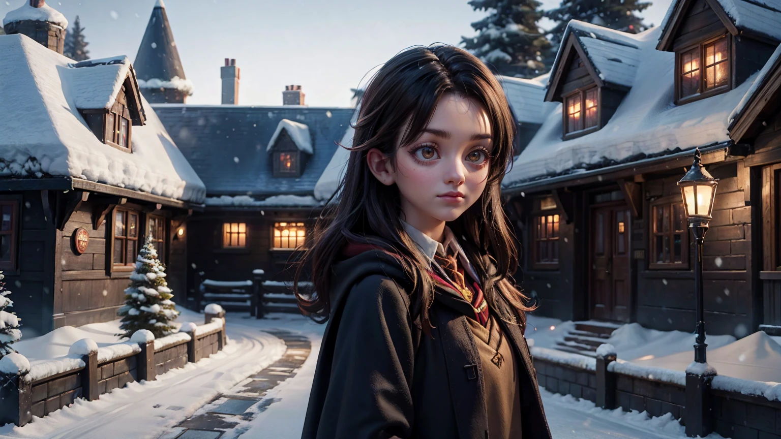 snow weather, front view of harry potter school, harry potter school
