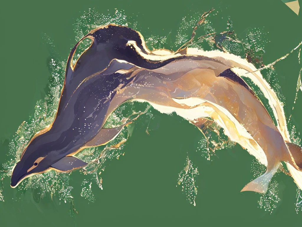 There are two dolphins swimming in the water, Blurred dreamy illustration, Inspired by Sōami, organic flow background, Low Detail. number, flow material, Beautiful stroke rendering, color study, high resolution drawing, Limited color palette, Blurred dream illustration, some chaotic sparkles, Ethereal Eel, flow, flow forms, flow golden scarf