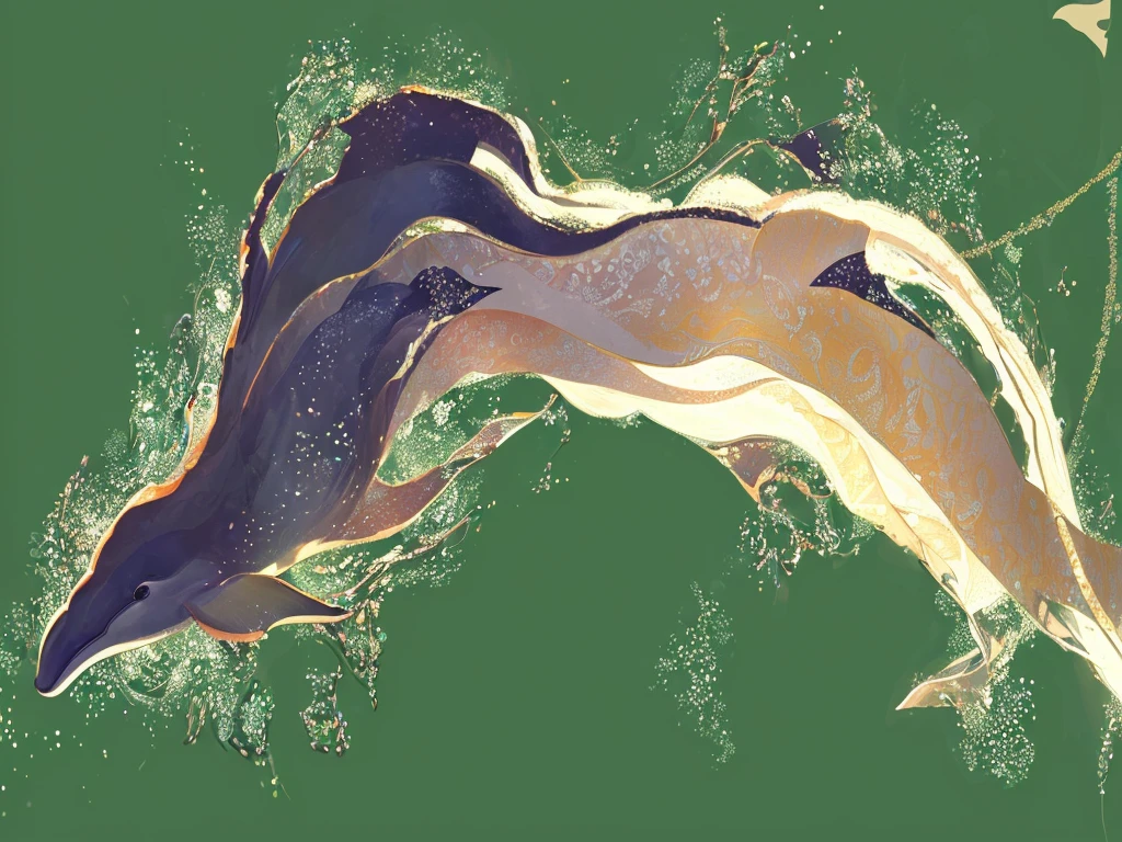 There are two dolphins swimming in the water, Blurred dreamy illustration, Inspired by Sōami, organic flow background, Low Detail. number, flow material, Beautiful stroke rendering, color study, high resolution drawing, Limited color palette, Blurred dream illustration, some chaotic sparkles, Ethereal Eel, flow, flow forms, flow golden scarf