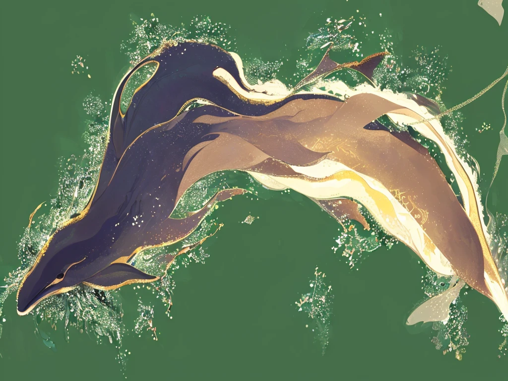 There are two dolphins swimming in the water, Blurred dreamy illustration, Inspired by Sōami, organic flow background, Low Detail. number, flow material, Beautiful stroke rendering, color study, high resolution drawing, Limited color palette, Blurred dream illustration, some chaotic sparkles, Ethereal Eel, flow, flow forms, flow golden scarf
