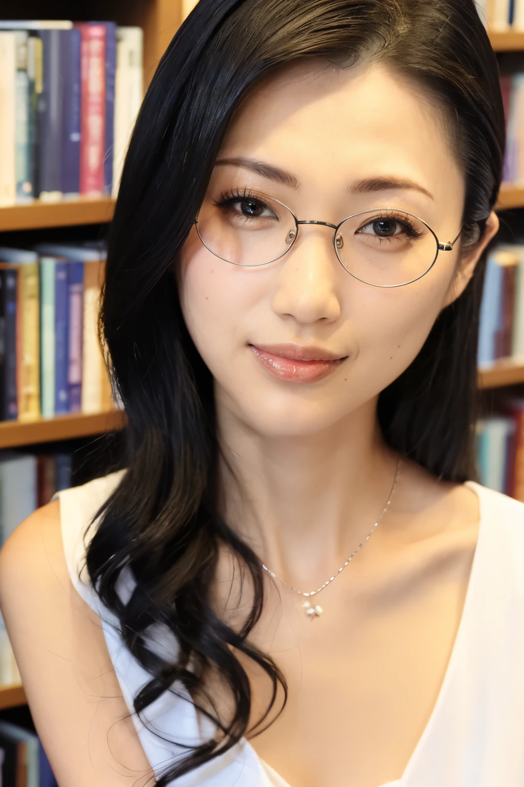 (Highest quality、Tabletop、8K、Award-winning works、Ultra-high resolution、Best image quality)、One beautiful woman、(The perfect sleeveless white open V-neck collar button  blouse:1.3)、(Open chest:1.2)、(Cleavage:1.2)、(Elegant round glasses:1.2)、library、(Standing Elegantly:1.1)、(Strongly blurred background:1.1)、Stand next to a bookshelf、(Perfectly organized bookshelf:1.1)、Bookshelf in the background、A cozy library、lipstick、Long eyelashes、Perfect Makeup、Emphasize lines、soft and warm lighting、Detailed bookshelf、(Ultra-high resolution for precise, beautiful hair:1.1)、(Accurate anatomy:1.2)、Ultra-high definition beautiful eyes、(Super bright and radiant skin:1.1)、(Face close-up:1.1)、(Staring at me with a cold, blank look:1.2)