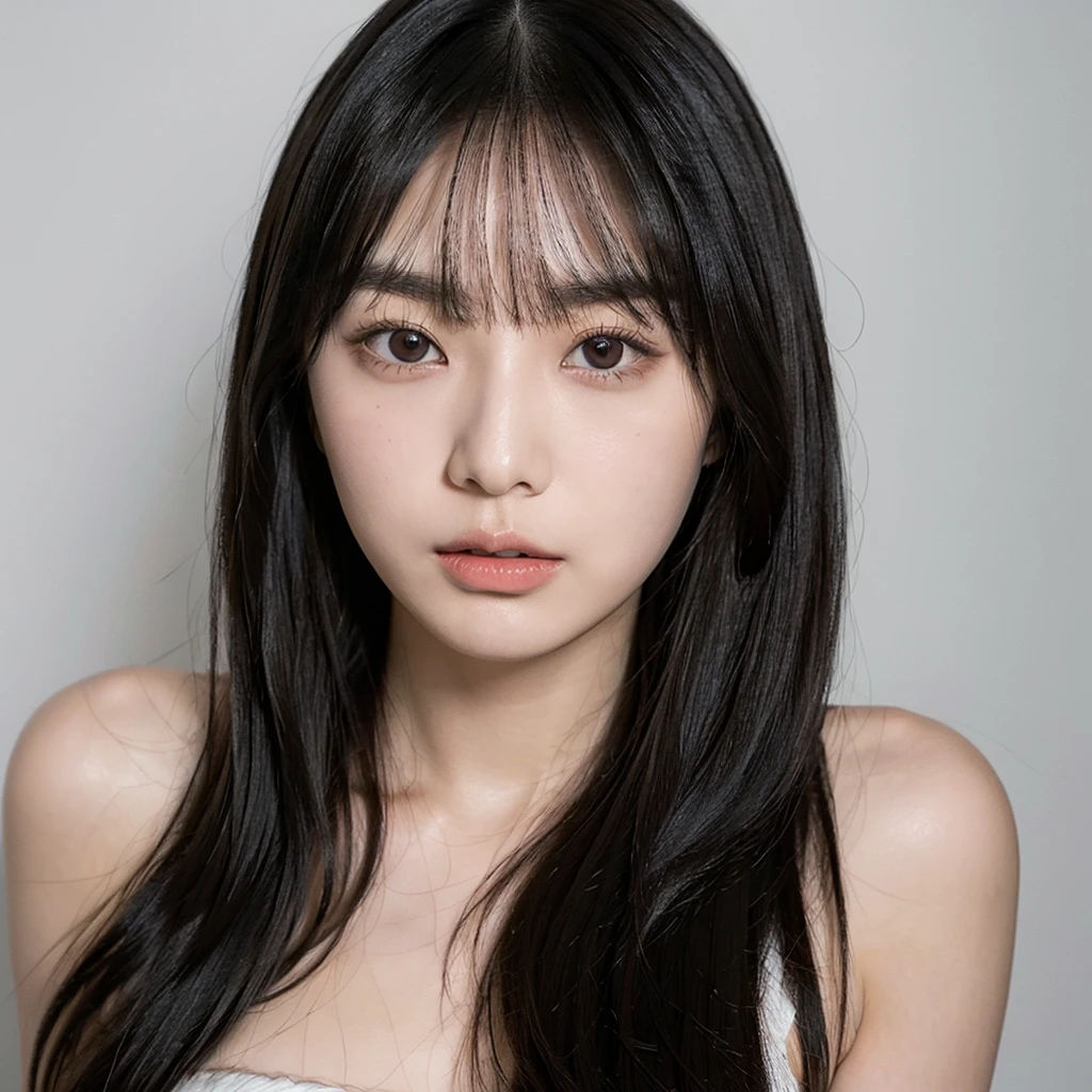 solo, Japanese woman, H cup, cool, model's expression, influencer, Long straight black hair with bangs that reach her eyebrows, large round eyes with double eyelids, small straight nose, well-shaped small lips, smooth fair skin, soft round face, universally appealing and attractive,