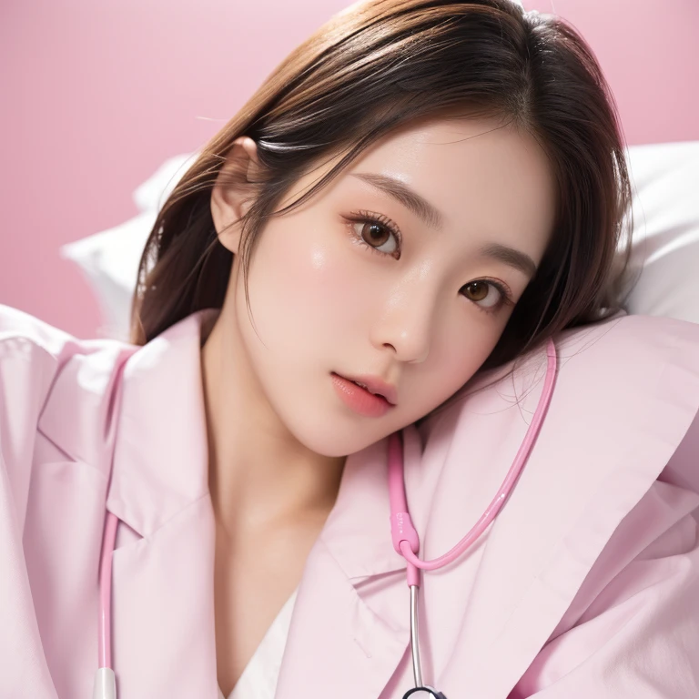 masterpiece, best quality, 1girl, (resting head on hand), hospital bed, Beautiful Japanese female doctor wearing white labcoat over pink scrubs, beautiful detailed face, pale skin, realistic skin, detailed cloth texture, detailed hair texture, accurate, Anatomically correct, Highly detailed face and skin texture , looking at viewer, 