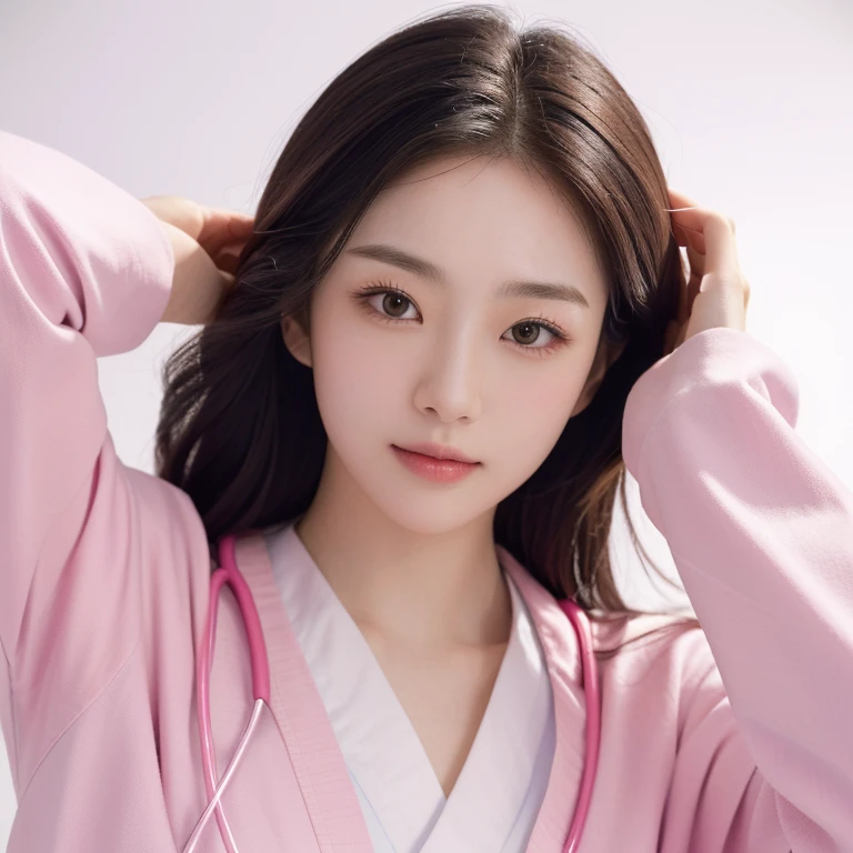 masterpiece, best quality, 1girl, (resting head on hand), hospital bed, Beautiful Japanese female doctor wearing white labcoat over pink scrubs, beautiful detailed face, pale skin, realistic skin, detailed cloth texture, detailed hair texture, accurate, Anatomically correct, Highly detailed face and skin texture , looking at viewer,