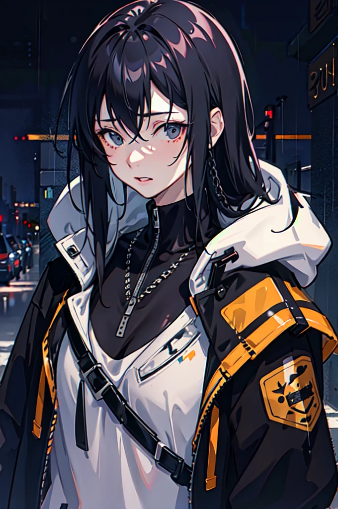 1girl, jacket, rain, outdoor, hoodie, open jacket, chain, backpack, looking at another, messy hair, trending on artstation, 8k resolution, highly detailed, anatomically correct, sharp image, digital painting, concept art, trending on pixiv, style of makoto shinkai,