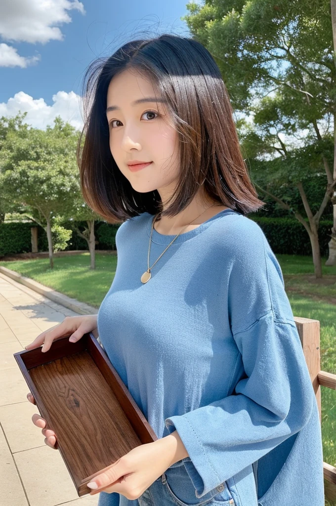 Woman holding a wooden box in the middle of her chest Blue sky