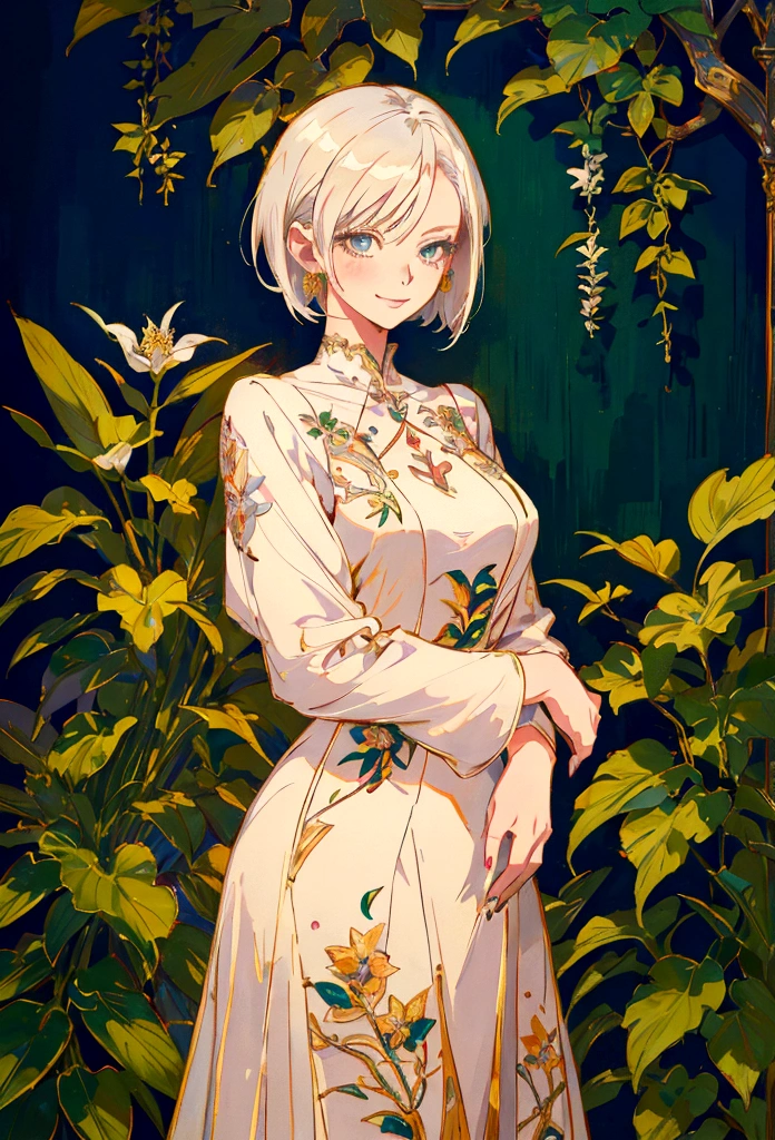 Anime Style, Kind Madame, Short Hair, Platinum Blonde, lady, She is wearing a beautiful embroidered silk dress., smile, Confident expression, Elegant, Ultra-detailed botanical references, Maximalist Botany, beautifully、Aesthetically beautiful illustration masterpiece, Topaz AI Post Editing