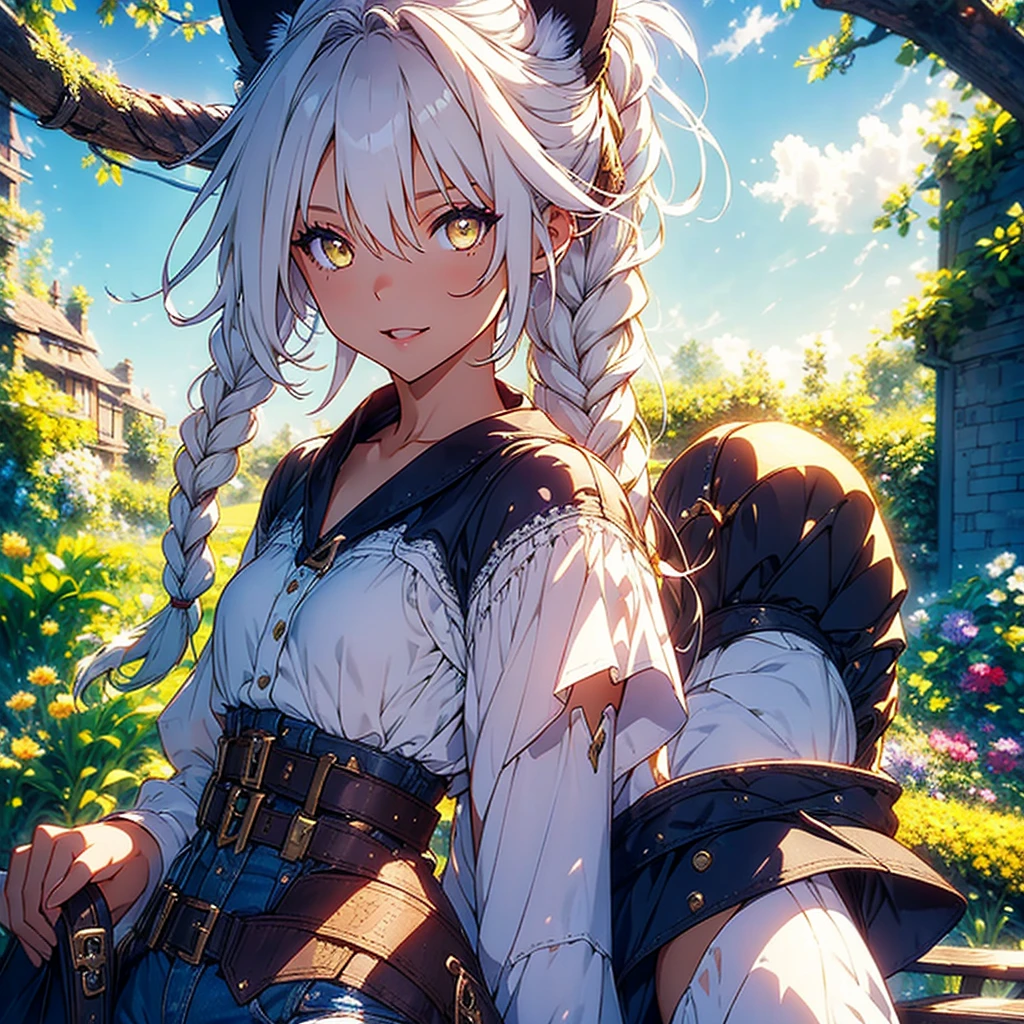 Girl with dog ears and tail, erect ears, honey yellow eyes, Highly detailed eyes, long hair and(((( White)))) with a small braid on the sides, denim shorts, translucent and low-cut blouse, whole body, looking up, open mouth smile, big chest, beautiful body, detailed face y con amplia gama de gestos, leaning on a bench around a garden with flowers of various colors, detailed background, detailed face, Play of light and shadows, cinematographic, high quality, 8k, Masterpiece,