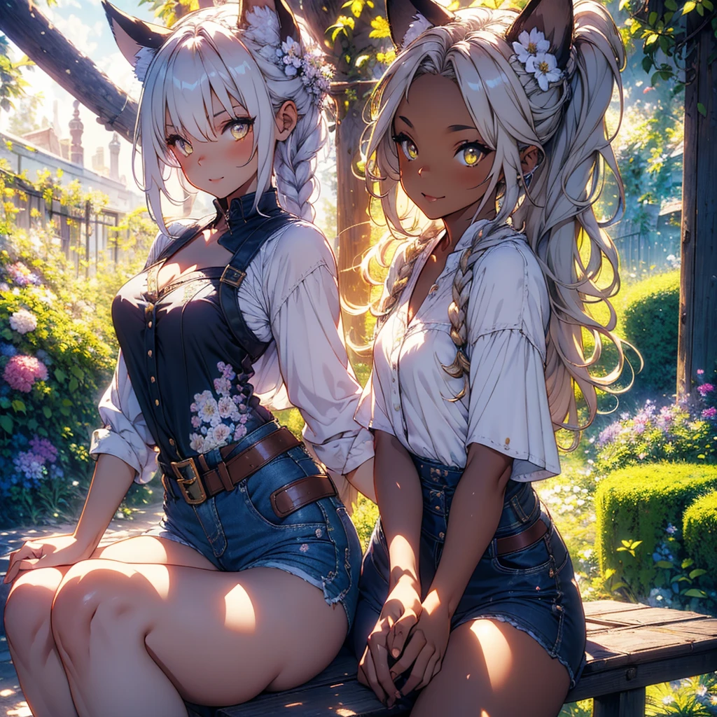 Girl with dog ears and tail, erect ears, honey yellow eyes, Highly detailed eyes, long hair and(((( White)))) with a small braid on the sides, denim shorts, translucent and low-cut blouse, whole body, looking up, open mouth smile, big chest, beautiful body, detailed face y con amplia gama de gestos, leaning on a bench around a garden with flowers of various colors, detailed background, detailed face, Play of light and shadows, cinematographic, high quality, 8k, Masterpiece, 