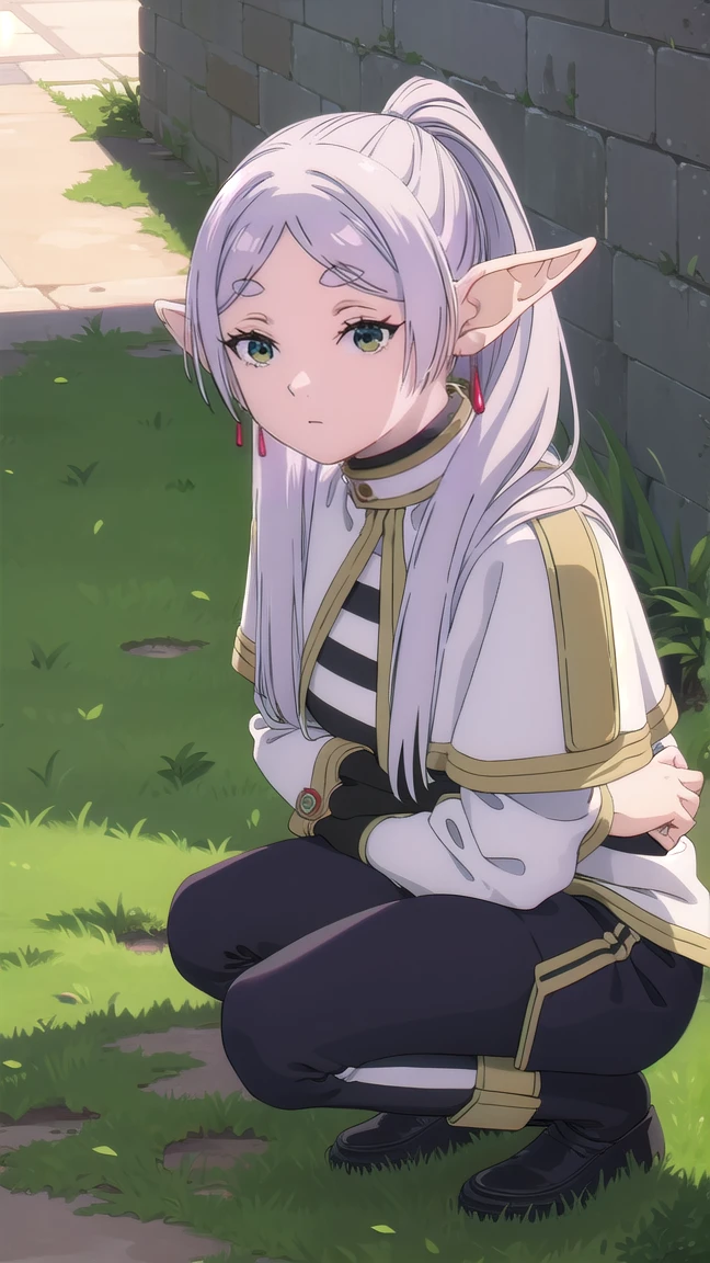 to freeze, to freeze, long hair, ponytail, (green eyes:1.5), White hair, pointed ears, elf, full length (full body 1.1.), nude, very sexy,
BREAK shirt, long sleeves, jewelry, Tights, earrings, striped, black Tights, lure, striped shirt,
BREAK looking at viewer, upper body, whole body,
BREAK outdoors, sky, nature,
BREAK (masterpiece:1.2), Best quality, A high resolution, unity 8k wallpaper, (illustration:0.8), (beautiful detailed eyes:1.6), very detailed face, perfect lighting, extremely detailed computer graphics, (perfect hands, Ideal Anatomy),