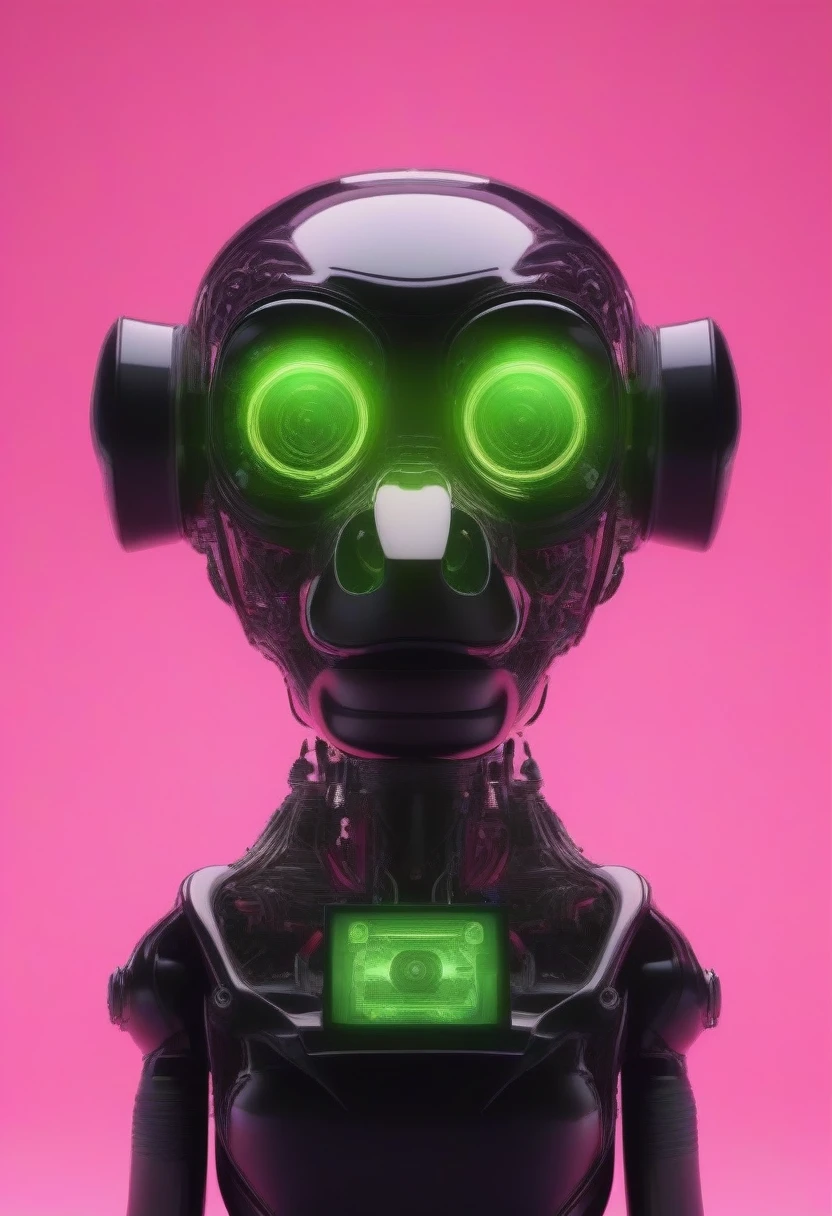 niji 6 prompt: Change the prompt word according to the animal you want he front part of the robot monkey's head has an extremely precise mechanical structure. It comes with illustrations and X-ray renderings. It was created by Nick Vesey. The images look very ethereal, embodying the beauty of technology and art. Barbie pink and neon green, black background，A little more like a monkey，It's not a machine, it's an animal，Background black，The theme is bright colors，More internal structure
