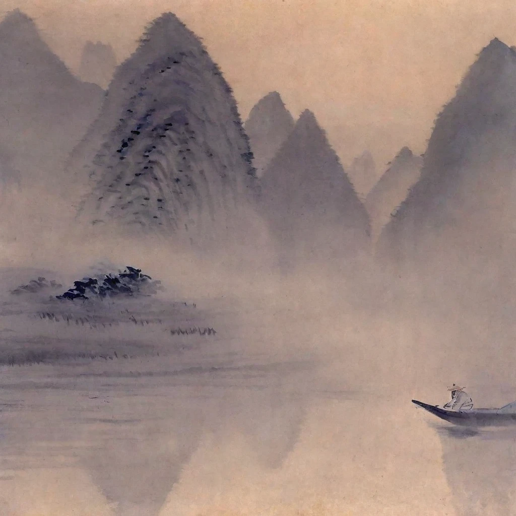 Jin Hongdao, Tenner, Tranquil riverside，A lone fisherman on a traditional boat, Surrounded by foggy mountains.