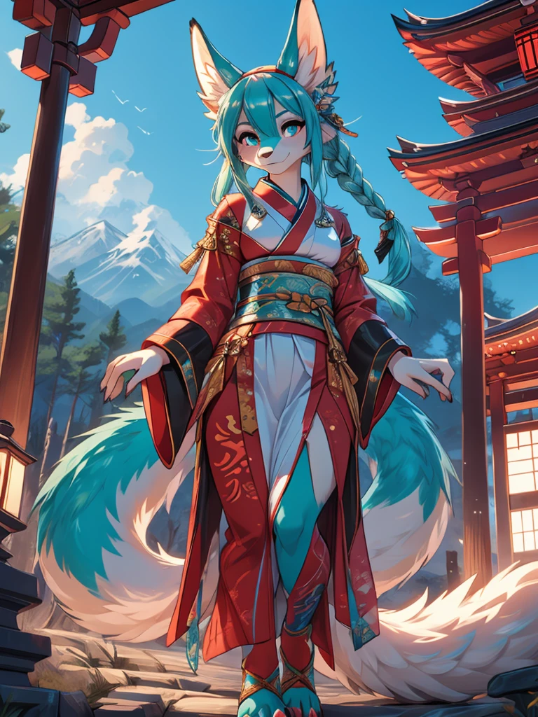 Miku Hatsune, high definition add_detail:1, blue fur,kitsune ears, tribal tattoo add_detail:1, pretty girl add_detail:1, feudal priestess clothing add_detail:1, japanese shrine landscape add_detail:1, japanese shrine costume add_detail:1, bare left leg add_detail:1, full body add_detail