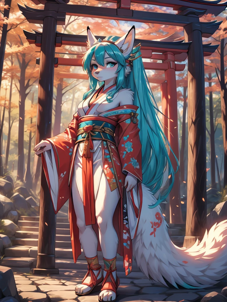 Miku Hatsune, high definition add_detail:1, blue fur,kitsune ears, tribal tattoo add_detail:1, pretty girl add_detail:1, feudal priestess clothing add_detail:1, japanese shrine landscape add_detail:1, japanese shrine costume add_detail:1, bare left leg add_detail:1, full body add_detail