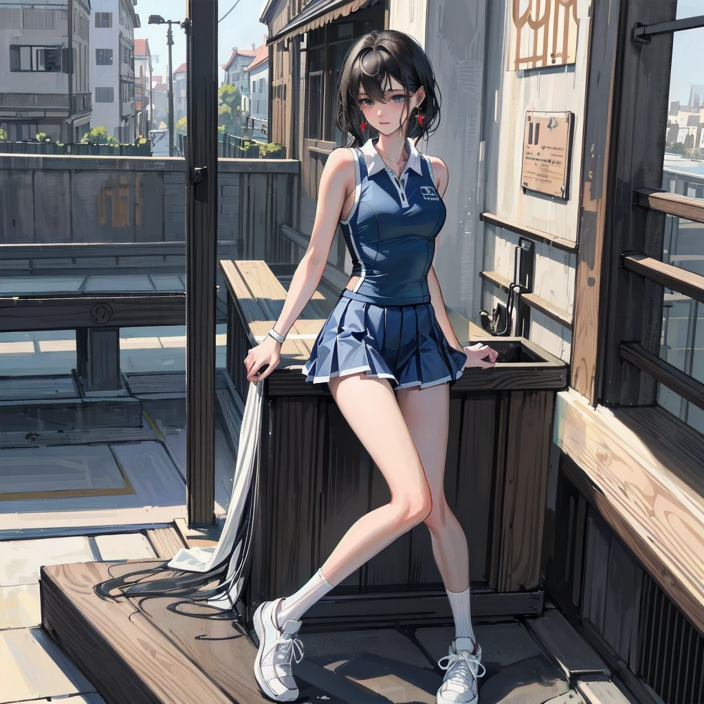 ((((absurdres, RAW photo, extremely delicate and beautiful, masterpiece, Best Quality, ultra high resolution, 32k, hyperrealistic, ultra-detailed)))), in her 20s, very Slim body, narrow waist, very small head, very small face, delicate facial features, beautiful face, beautiful eyes, very huge round tits, medium hair, black hair, wavy hair, tearful mole, earring, full body shot, ((Tennis uniform)), bare shoulders, shorts,