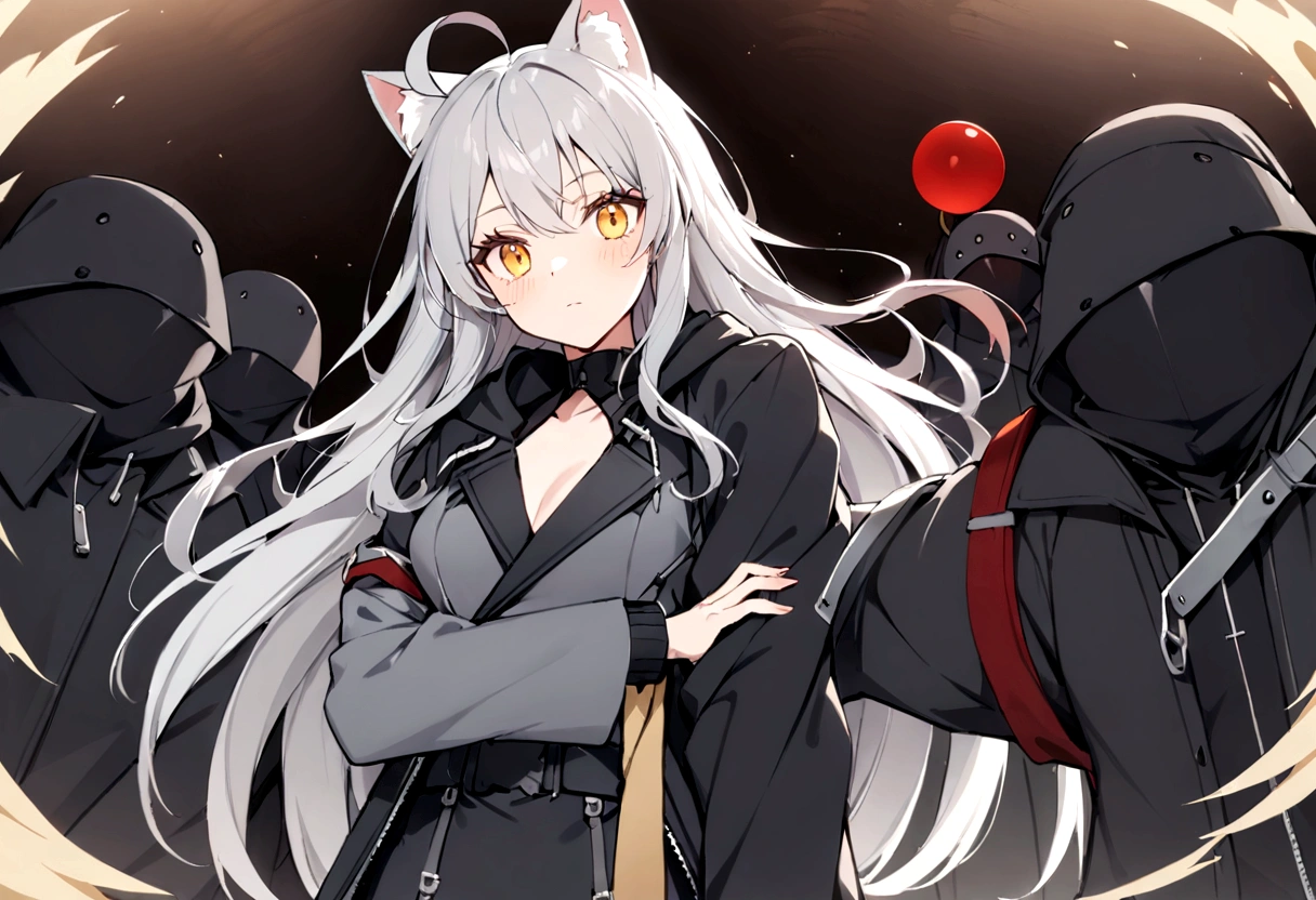 Gray cat ears、Gray cat earasterpiece, best quality:1.2), 1girl, 独奏、Grey long hair、Ahoge、Yellow Eyes、Background of a military base with guns、Fisheye Lens、battlefield、Shadows of light and darkness、Expressionless、battle、Gray trench coat、Put a black hoodie over your arm、Surrounded by enemies、Zip hoodie worn over the arm、Surrounded by enemies