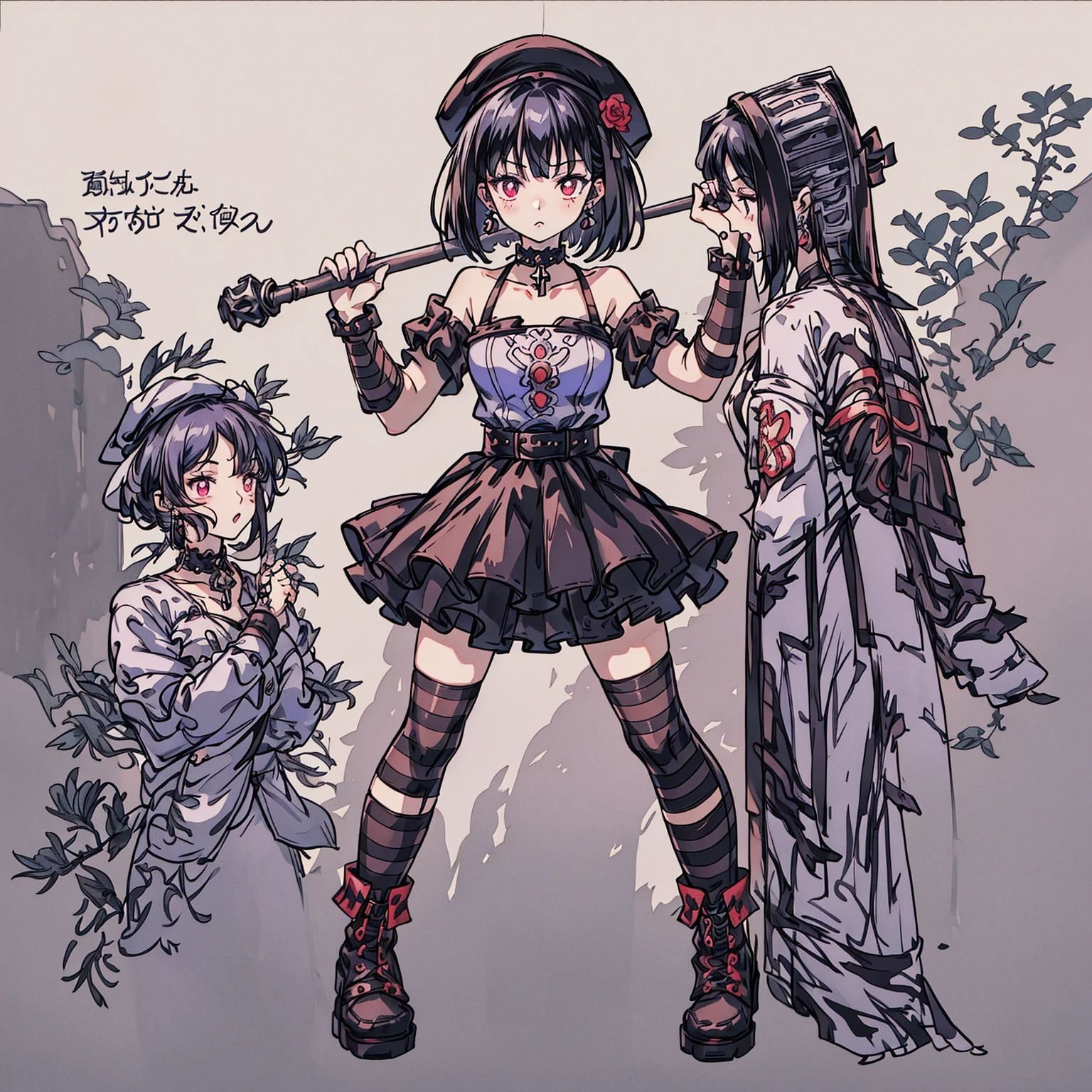 ultra detailed,best quality,game character, cool beauty,lady,20 year old,1girl, solo,full body,standing,Low Angle,dynamic pose,character focus,white Background,simple background, {{yandere,make-up,short bob hair,Black hair,deep purple hair, red eyes,serious,dark persona,cross silver accessory}},{{Black beret,corsage, pierced earrings,choker,Black Gothic punk Style,bell mini skirt,purple flower pattern Dress, black and white striped over the knee socks, long black boots}},{{ holding a huge hammer in both hands ,standing}}