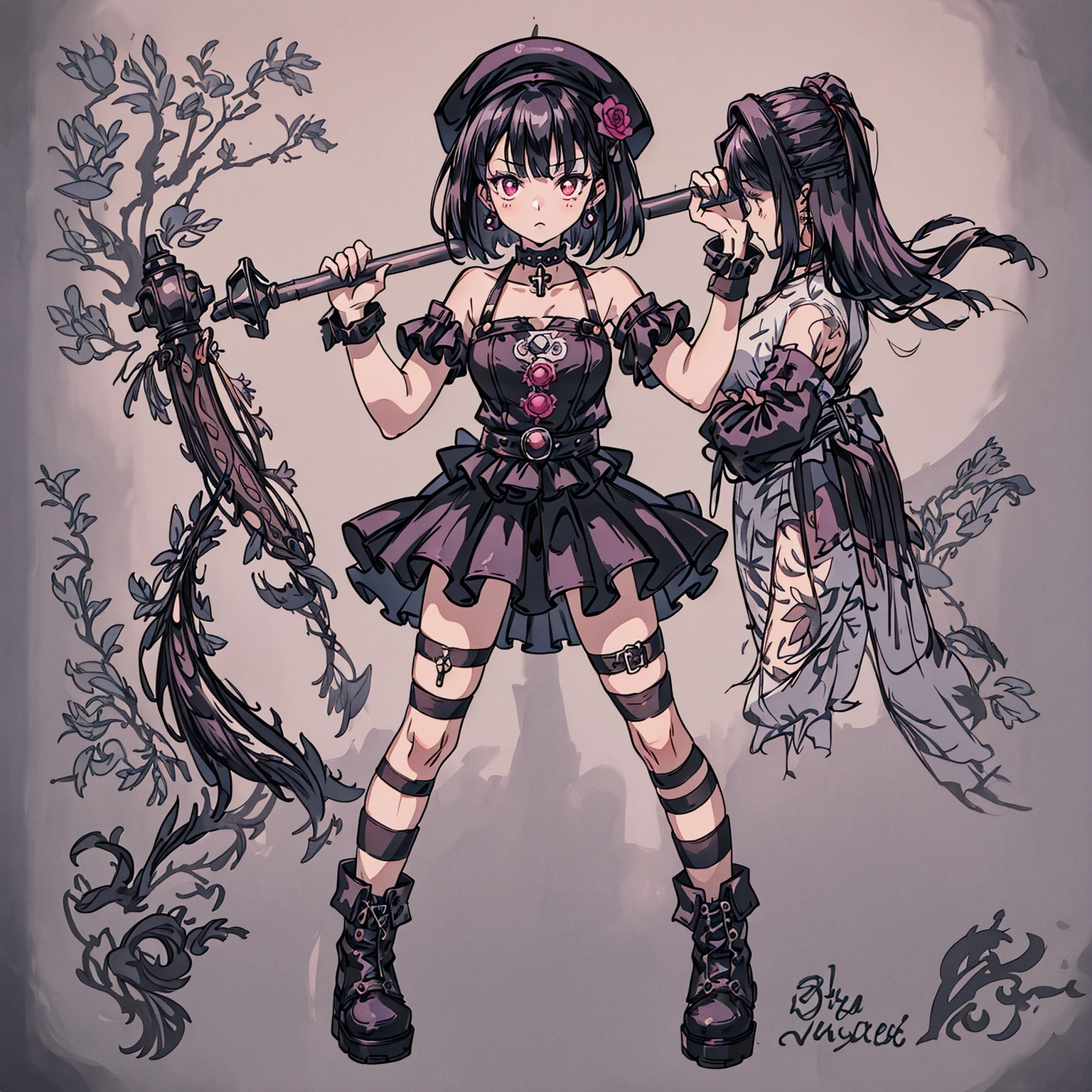 ultra detailed,best quality,game character, cool beauty,lady,20 year old,1girl, solo,full body,standing,Low Angle,dynamic pose,character focus,white Background,simple background, {{yandere,make-up,short bob hair,Black hair,deep purple hair, red eyes,serious,dark persona,cross silver accessory}},{{Black beret,corsage, pierced earrings,choker,Black Gothic punk Style,bell mini skirt,purple flower pattern Dress, black and white striped over the knee socks, long black boots}},{{ holding a huge hammer in both hands ,standing}}