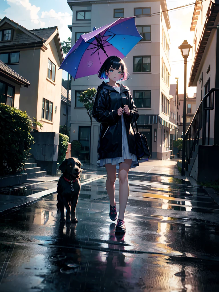 A girl walking under rain with a umbrella with rainbow colors, at the day with a Little puppy, lateral angle, (sunday front house street background:1.3), octane render, Sunlight, L USM, official art, unity 8k wallpaper, ultra detailed, aesthetic, masterpiece, best quality, photorealistic, t3ss1th0mps0n, Clutter-Mechanical