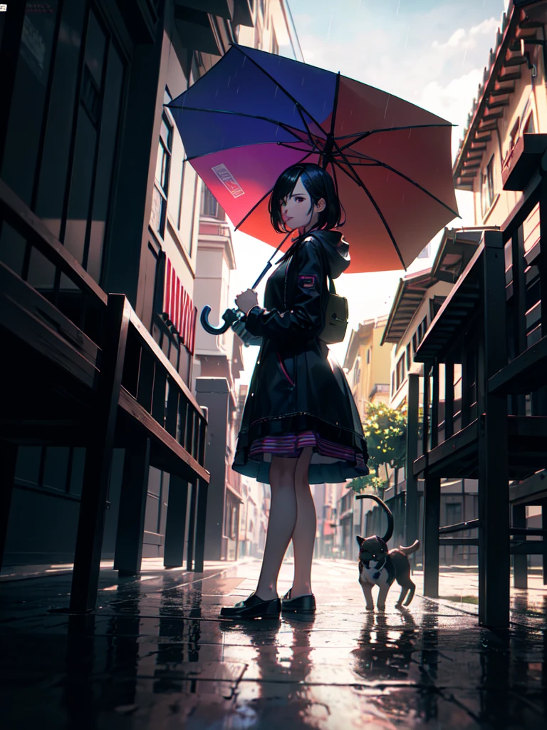 A girl walking under rain with a umbrella with rainbow colors, at the day with a Little puppy, lateral angle, (sunday front house street background:1.3), octane render, Sunlight, L USM, official art, unity 8k wallpaper, ultra detailed, aesthetic, masterpiece, best quality, photorealistic, t3ss1th0mps0n, Clutter-Mechanical