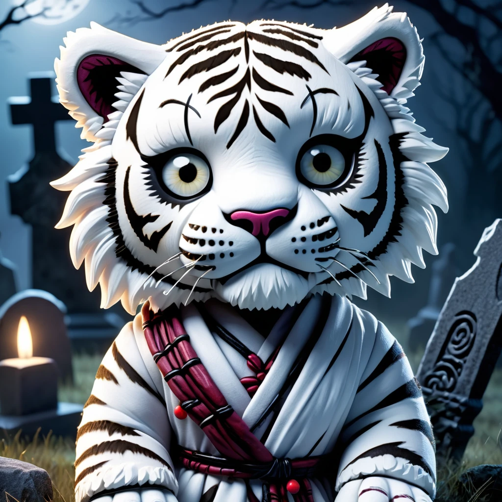(knitted toy voodoo doll:1.9), (Voodoo White Tiger:1.8), (Clothing Wrapped in long dark bandages, torn tunic, hidden face:1.0), (in the background Misty cemetery with high tombstones, glowing ghosts and moonlight:1.3), best quality, masterpiece, detailed soft oil painting, detailed background, dramatic cinematic lighting, soft edge lighting, professional, dramatic lighting, hard edge lighting, ultra quality, 4k, masterpiece, best quality, 8k, ultra high definition, high resolution, extremely detailed