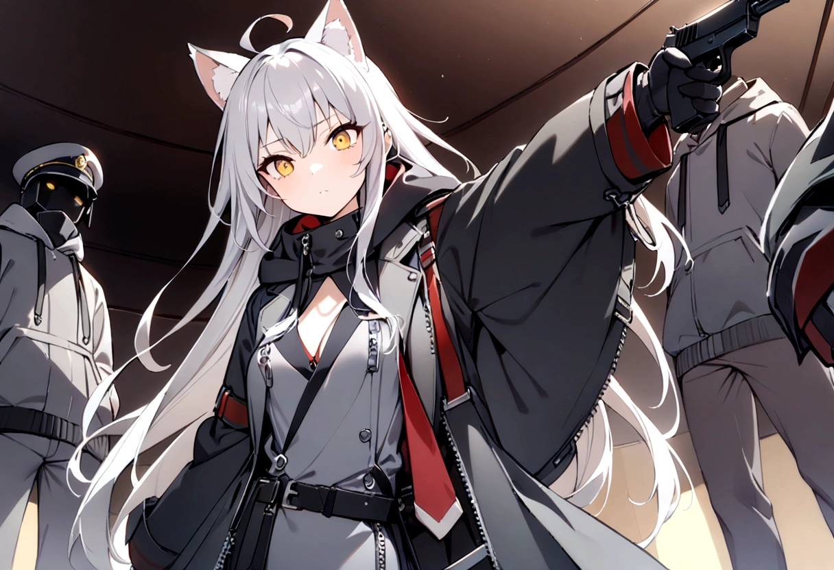 Give a command、Secret Police Meeting Room、Gray cat ears、Gray cat ears、(masterpiece, best quality:1.2), 1girl, 独奏、Grey long hair、Ahoge、Yellow Eyes、Background of a military base with guns、Fisheye Lens、battlefield、Shadows of light and darkness、Expressionless、battle、Gray trench coat、Put a black hoodie over your arm、Surrounded by enemies、Zip hoodie worn over the arm