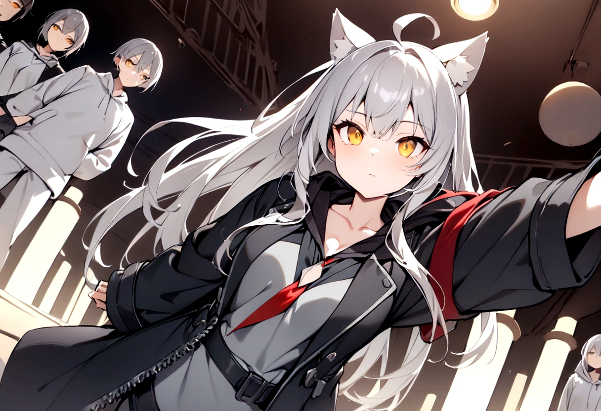 Give a command、Secret Police Meeting Room、Gray cat ears、Gray cat ears、(masterpiece, best quality:1.2), 1girl, 独奏、Grey long hair、Ahoge、Yellow Eyes、Background of a military base with guns、Fisheye Lens、battlefield、Shadows of light and darkness、Expressionless、battle、Gray trench coat、Put a black hoodie over your arm、Surrounded by enemies、Zip hoodie worn over the arm
