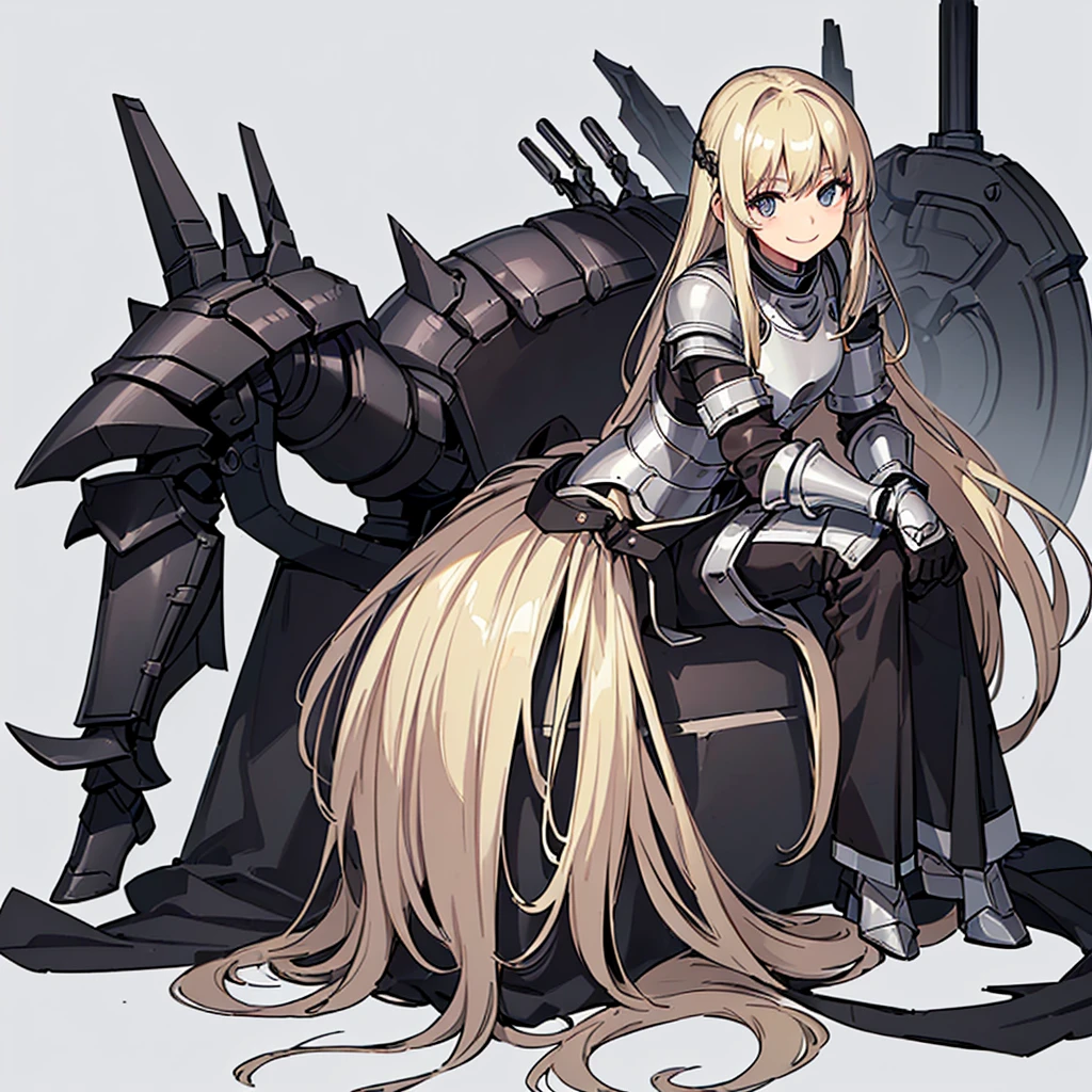 (((Solo)))、Highest quality, Best Quality、、Best illustrations、(Full body character concept)、(((Gray simple armor、Black trousers、Black gloves))、(woman、18-year-old)、(Blonde、Long Hair)、(White background)、(Get on both knees、sit)、(smile、smile)