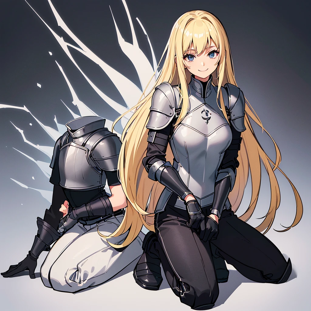 (((Solo)))、Highest quality, Best Quality、、Best illustrations、(Full body character concept)、(((Gray simple armor、Black trousers、Black gloves))、(woman、18-year-old)、(Blonde、Long Hair)、(White background)、(Get on both knees、sit)、(smile、smile)