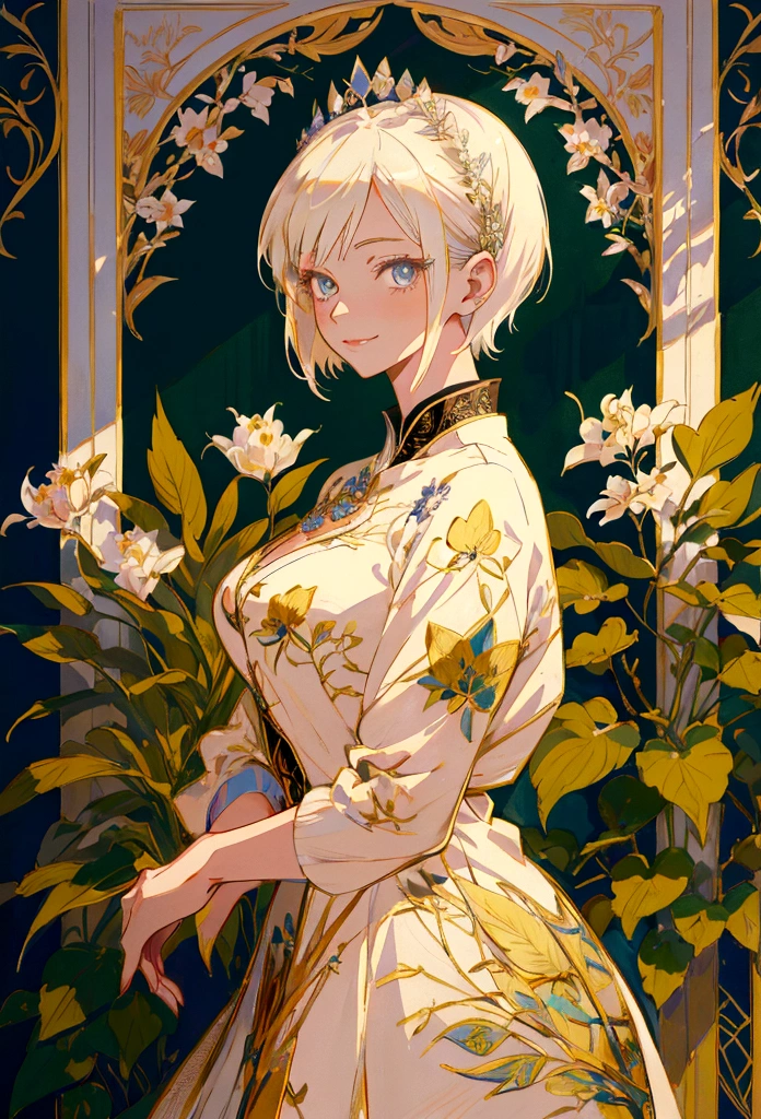 Anime Style, Kind Madame, Short Hair, Platinum Blonde, lady, She is wearing a beautiful embroidered silk dress., smile, Elegant, Ultra-detailed botanical references, Maximalist Botany, beautifully、Aesthetically beautiful illustration masterpiece, Topaz AI Post Editing