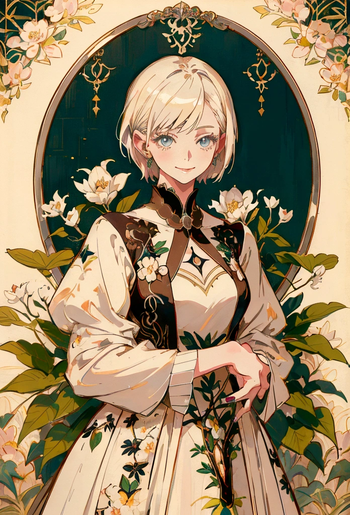 Anime Style, Kind Madame, Short Hair, Platinum Blonde, lady, She is wearing a beautiful embroidered silk dress., smile, Elegant, Ultra-detailed botanical references, Maximalist Botany, beautifully、Aesthetically beautiful illustration masterpiece, Topaz AI Post Editing