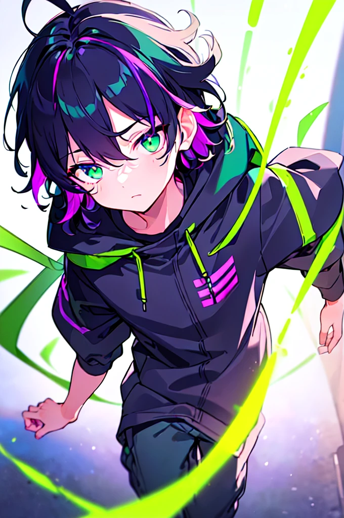 [(WHITE BACKGROUND:1.5),::5], ((((masterpiece)))), high quality, ultra very high resolution, full color, (((solo))), ((little boy)), black hair, ((purple streaked hair)), (green eyes), anime, ((upper body)), neon light, black parka, (green flame effect:1.2)