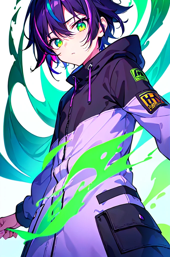 [(WHITE BACKGROUND:1.5),::5], ((((masterpiece)))), high quality, ultra very high resolution, full color, (((solo))), (()), black hair, ((purple streaked hair)), (green eyes), anime, ((upper body)), neon light, black parka, (green flame effect:1.2)