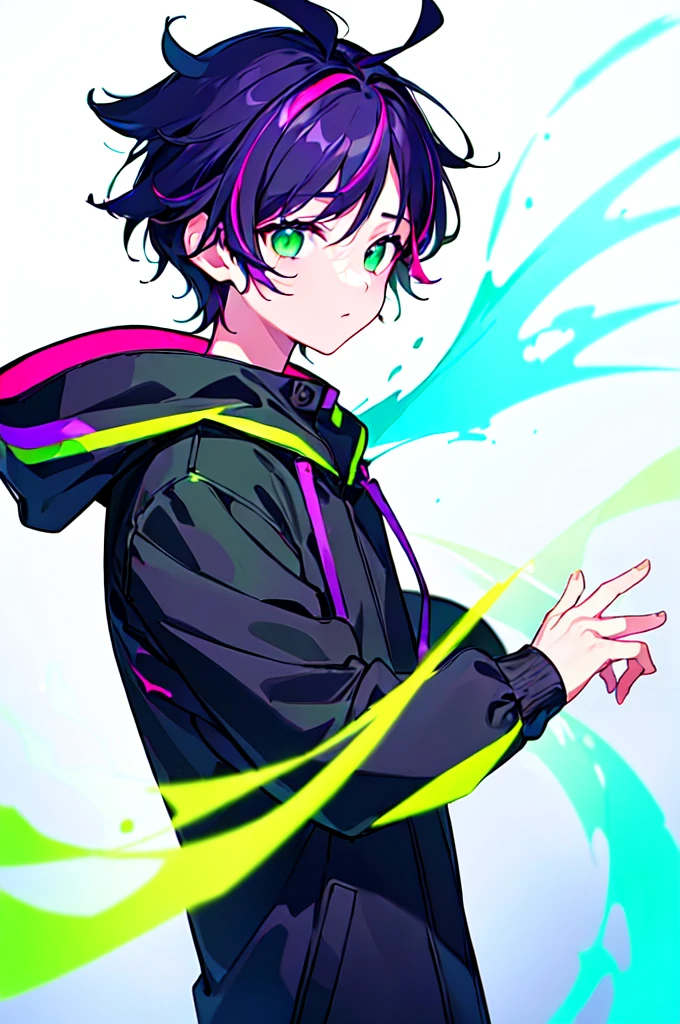 [(WHITE BACKGROUND:1.5),::5], ((((masterpiece)))), high quality, ultra very high resolution, full color, (((solo))), ((little boy)), black hair, ((purple streaked hair)), (green eyes), anime, ((upper body)), neon light, black parka, (green flame effect:1.2)