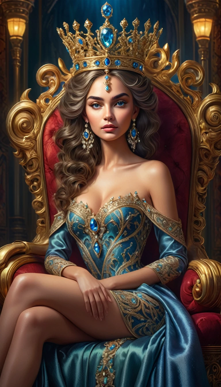 a beautiful queen in a gorgeous gown, holding a short scepter, wearing an elaborate crown, sitting on a jeweled throne, intricate detailed ornate throne, highly detailed face, exquisite facial features, flawless skin, piercing eyes, elegant posture, radiant lighting, dramatic shadows, rich vibrant colors, cinematic composition, photorealistic, 8k, HDR, hyper realistic, oil painting, masterpiece