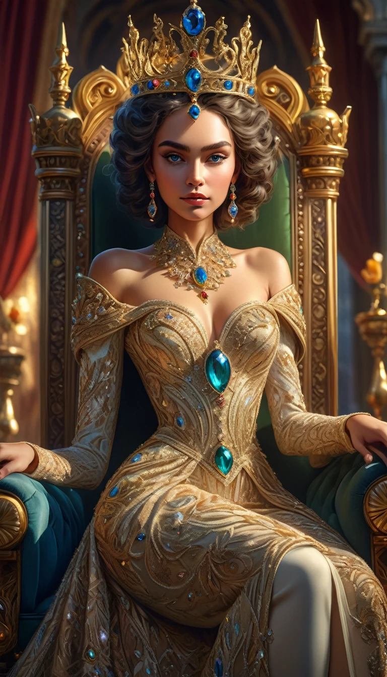 a beautiful queen in a gorgeous gown, holding a short scepter, wearing an elaborate crown, sitting on a jeweled throne, intricate detailed ornate throne, highly detailed face, exquisite facial features, flawless skin, piercing eyes, elegant posture, radiant lighting, dramatic shadows, rich vibrant colors, cinematic composition, photorealistic, 8k, HDR, hyper realistic, oil painting, masterpiece