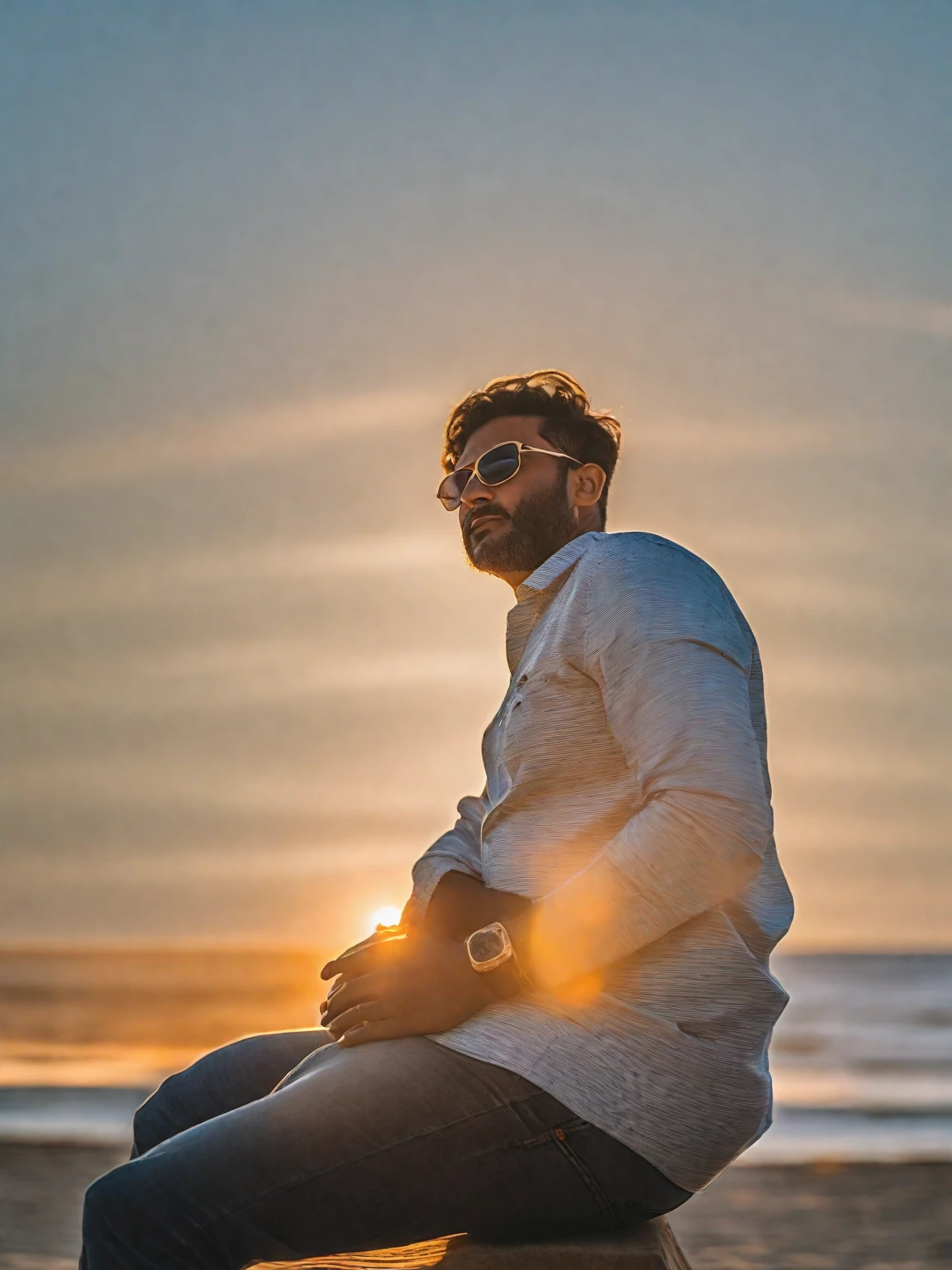 there is a man sitting on a ledge with his hands on his hips, with sunset, during sunset, during golden hour, photo taken with canon 5d, at beach at sunset, at a beautiful sunset, shot on nikon z9, casual photography, taken with sony alpha 9, candid picture, shot on canon eos r5, shot on canon eos r 5