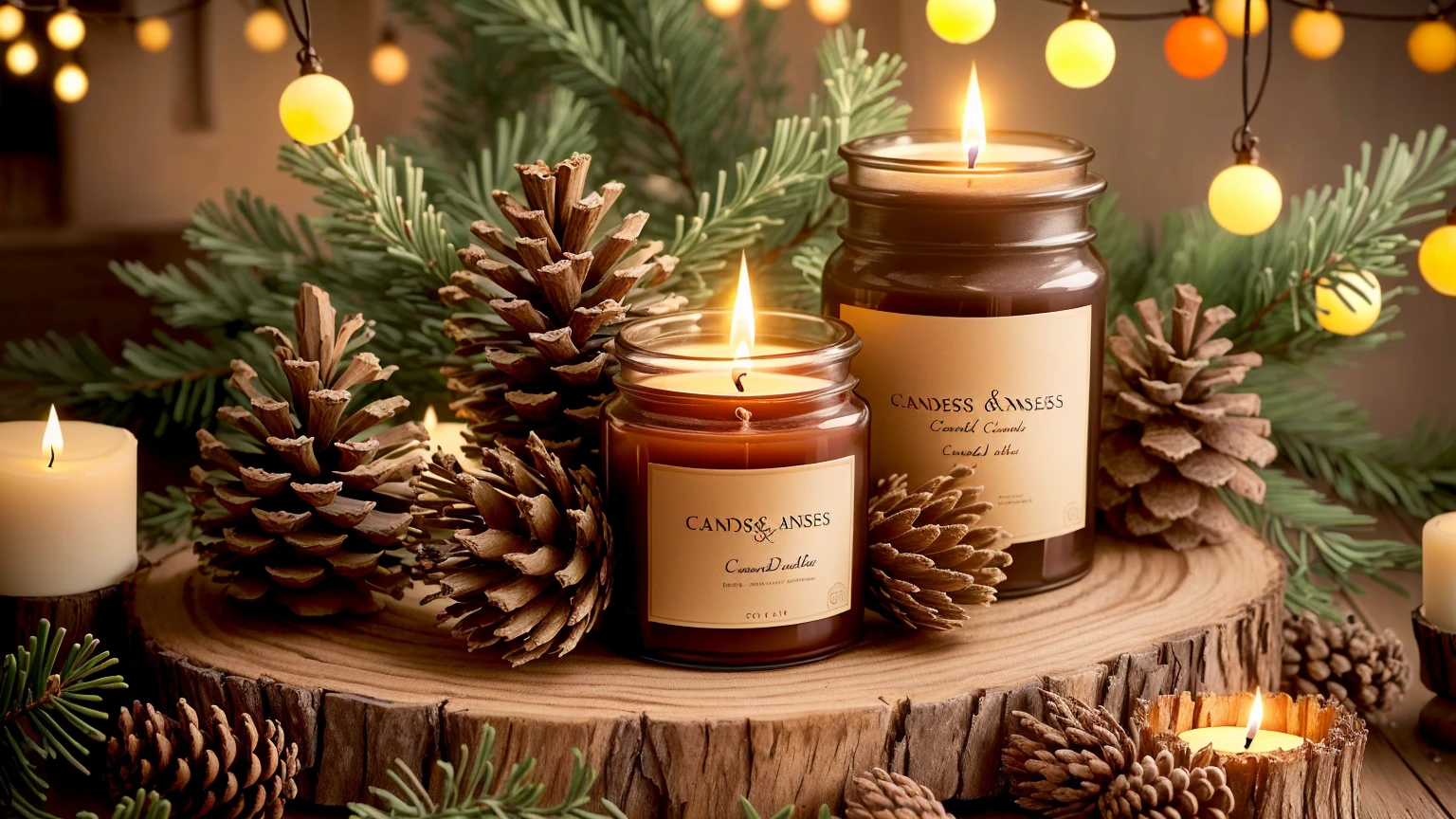 Candless are sitting on a tree stump with pine cones and lights, Candless, cozy Candleslight, Candless!, waxy Candless, Candleslight, natural Candles lighting, Warm and fun atmosphere, Candleslit, Candles wax, Candles, lots of Candless, good looking, the Candles is on a wooden table, Detailed local information, A pleasant and enchanting scene, Candles lights, lit Candless, room full of Candless